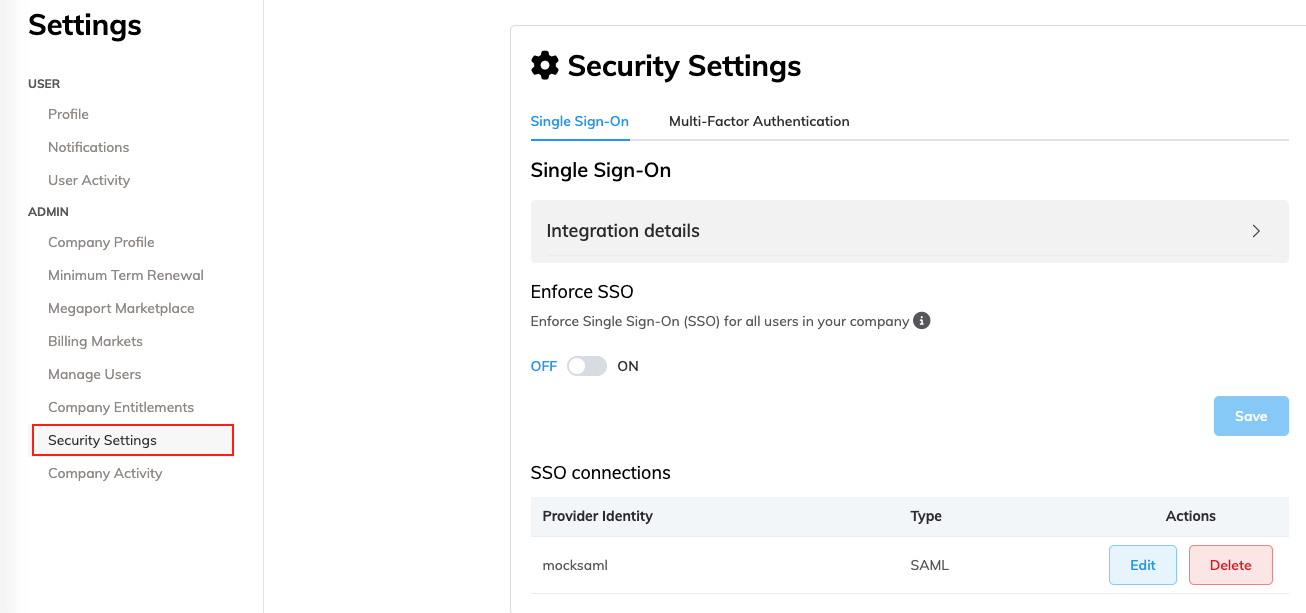 This image shows the security settings page.