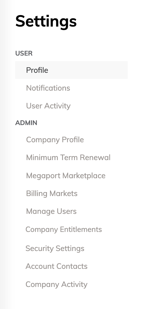 This image shows the settings menu for a Company Admin