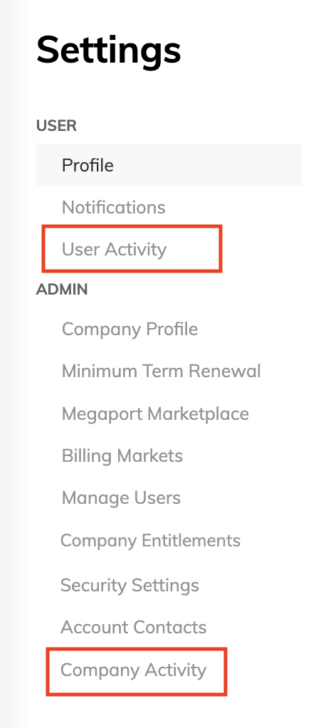 This image shows the User Activity and Company Activity options in the Portal settings