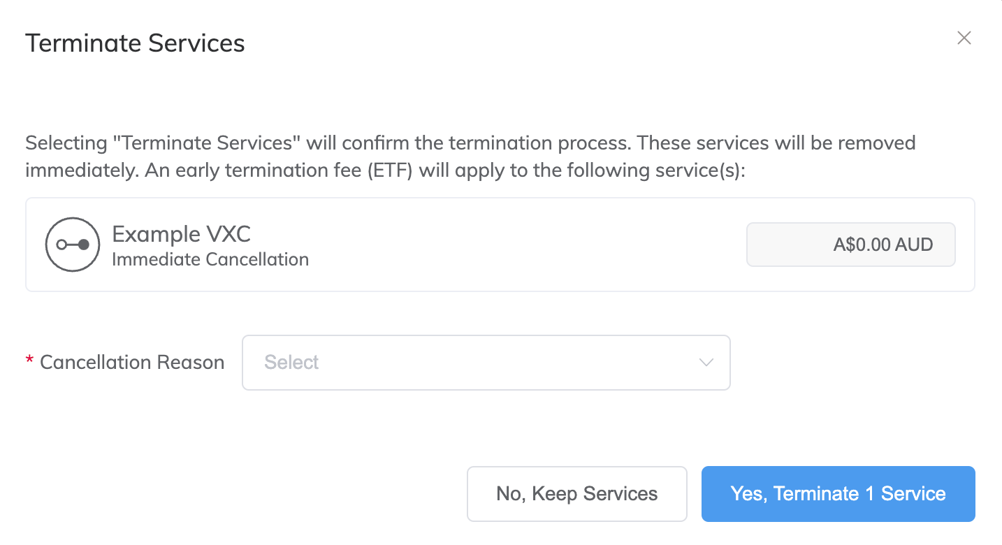 Janela Terminate Services de Excluir VXC