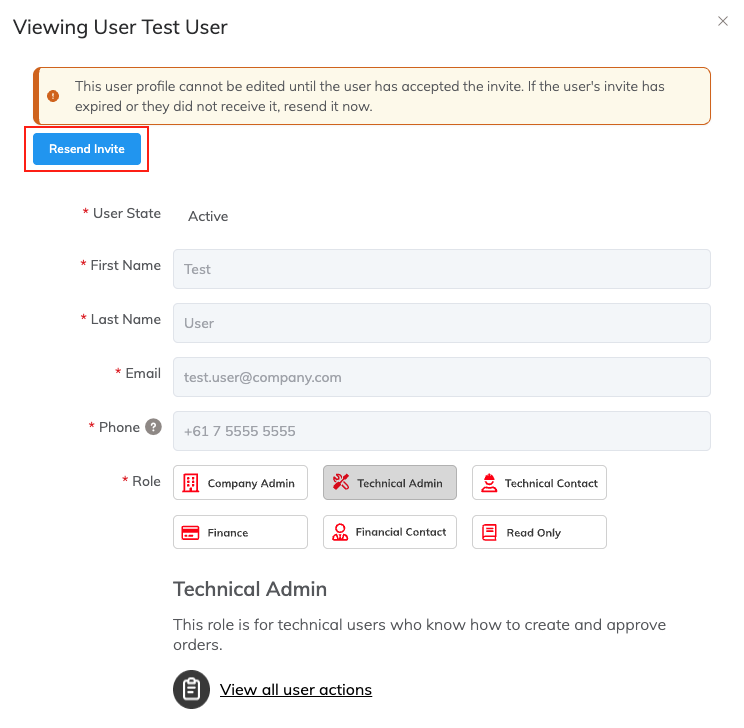 Manage user page with resend invite button.